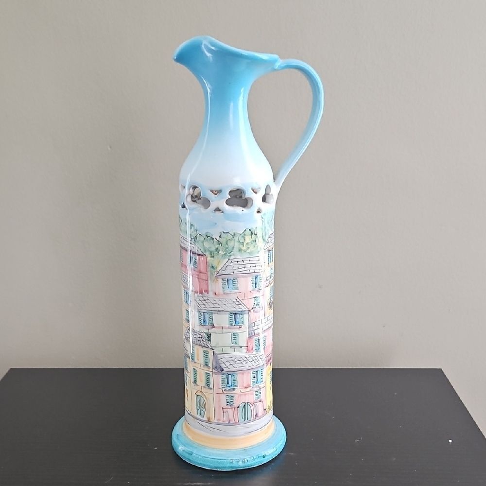 Vintage Ceramic Vase With Cityscape Scene